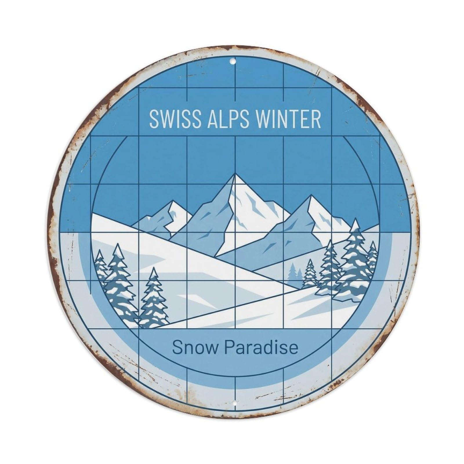 Vintage Travel Swiss Alps Winter Metal Tin Sign Plaque Wall Decor for Cafe, Club, Garden Round Metal Poster 8x8Inch