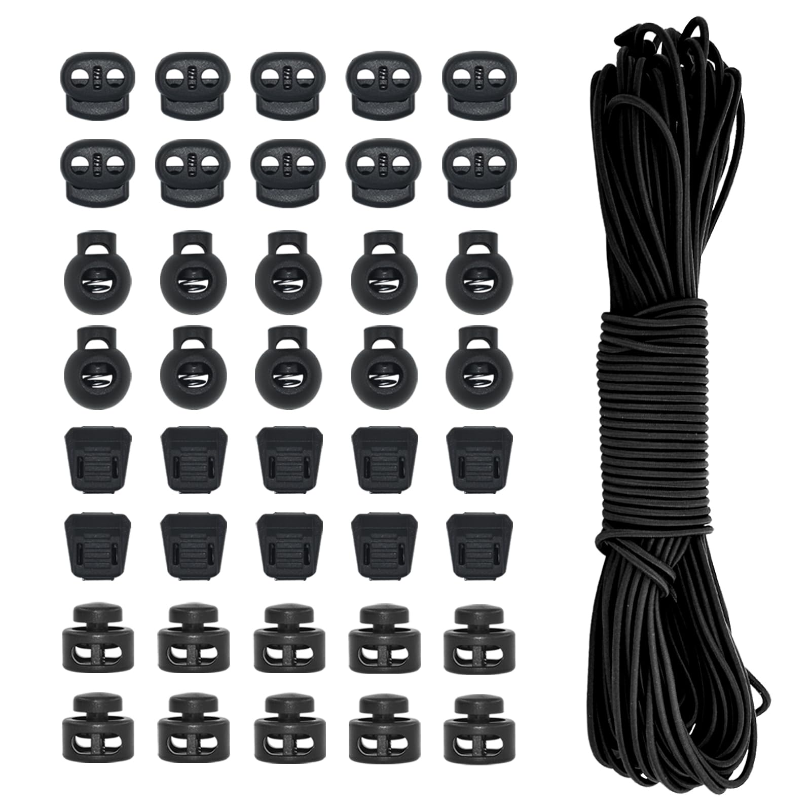 LE-stone 40Pcs 4 Styles Plastic Cord Locks with 20m Elastic Cord Black Single Hole and Double Hole Drawstring Stoppers for Backpacks Coats Trousers Shoelaces Hats Sleeping Bags