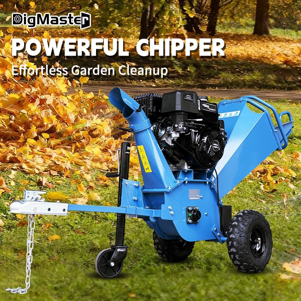 420cc 5 Inch 15HP Gas Powered Wood Chipper Shredder Mulcher, Leaf & Branch Shredder with Towbar, Emergency Stop Button, 5" Max Chipping Capacity for Wood Pellets (Blue)