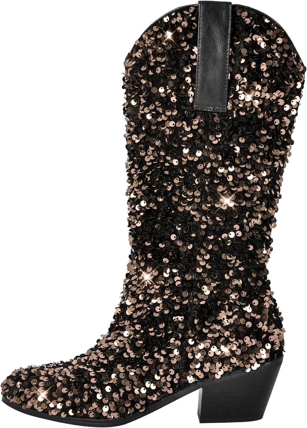 richealnini Sparkling Western Cowboy Boots with Sequins Women's Pull-On Tab Embroidered Mid Calf Boots Wedding Party Dress