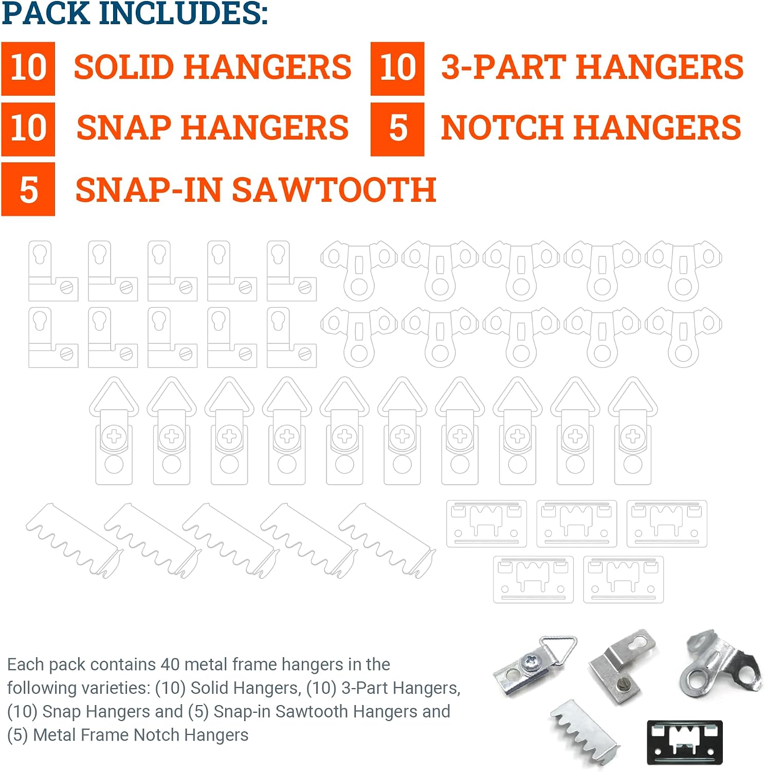 PHS Metal Frame Hangers Variety Pack, 50 Pack, 6 Types, Hangs 30 Frames | Mounting hardware kit, compatible with profile 11 aluminum frames, six hanger styles