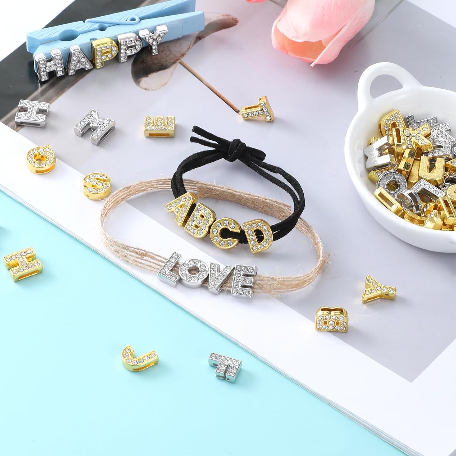 156 Pcs Full Rhinestone Letter Charms, A-Z 8mm Alphabet Charm for DIY, Slide Crystal Letters, Jewelry Making Charms for DIY Necklace Choker Wristbands Bracelets Hair Clips Shoelace, Silver and Gold - Image 6