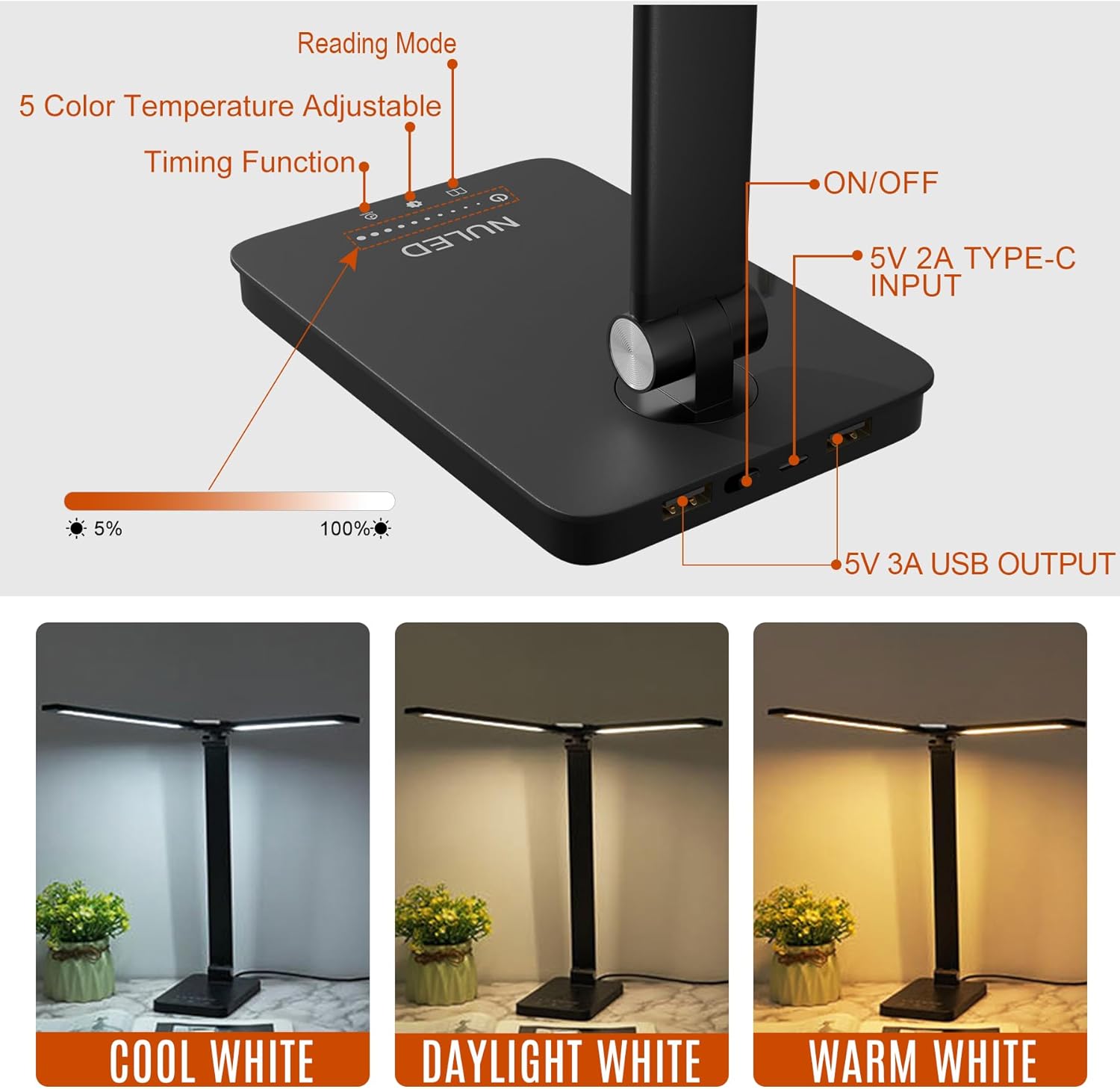 NUNET Double Head LED Desk Lamp, 10W Dimmable Piano Stand Light with Dual Swing Arms, USB Charging Ports, Battery Powered Cordless Table Lamp for Upright Piano, Music Stand, Camping, Home & Office