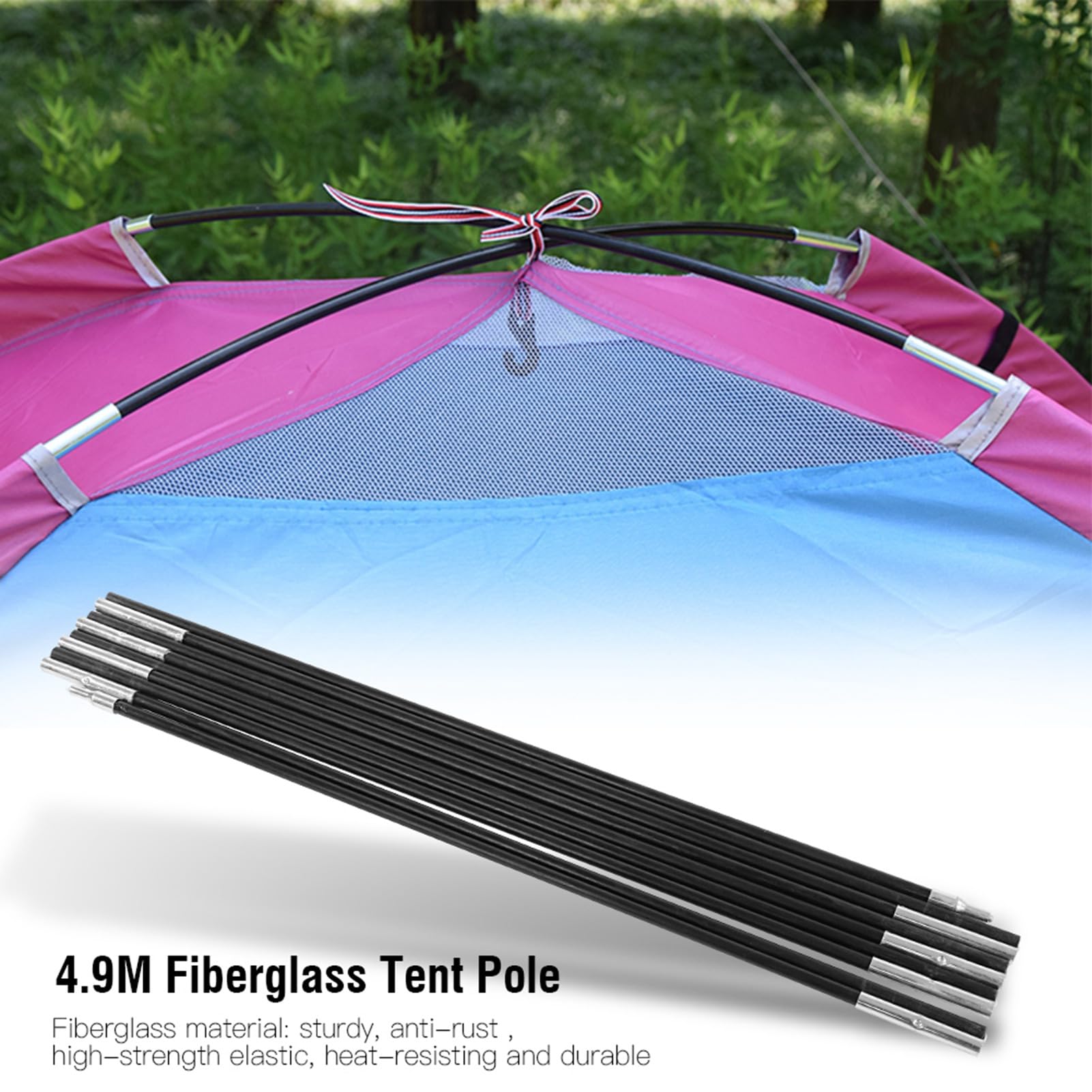 4.9M Tente Polonais Anti-Rouille Portable Pliable en Fiber De Verre Camping Tiges De Tente Remplacement pour 7-8 Personne Tente
