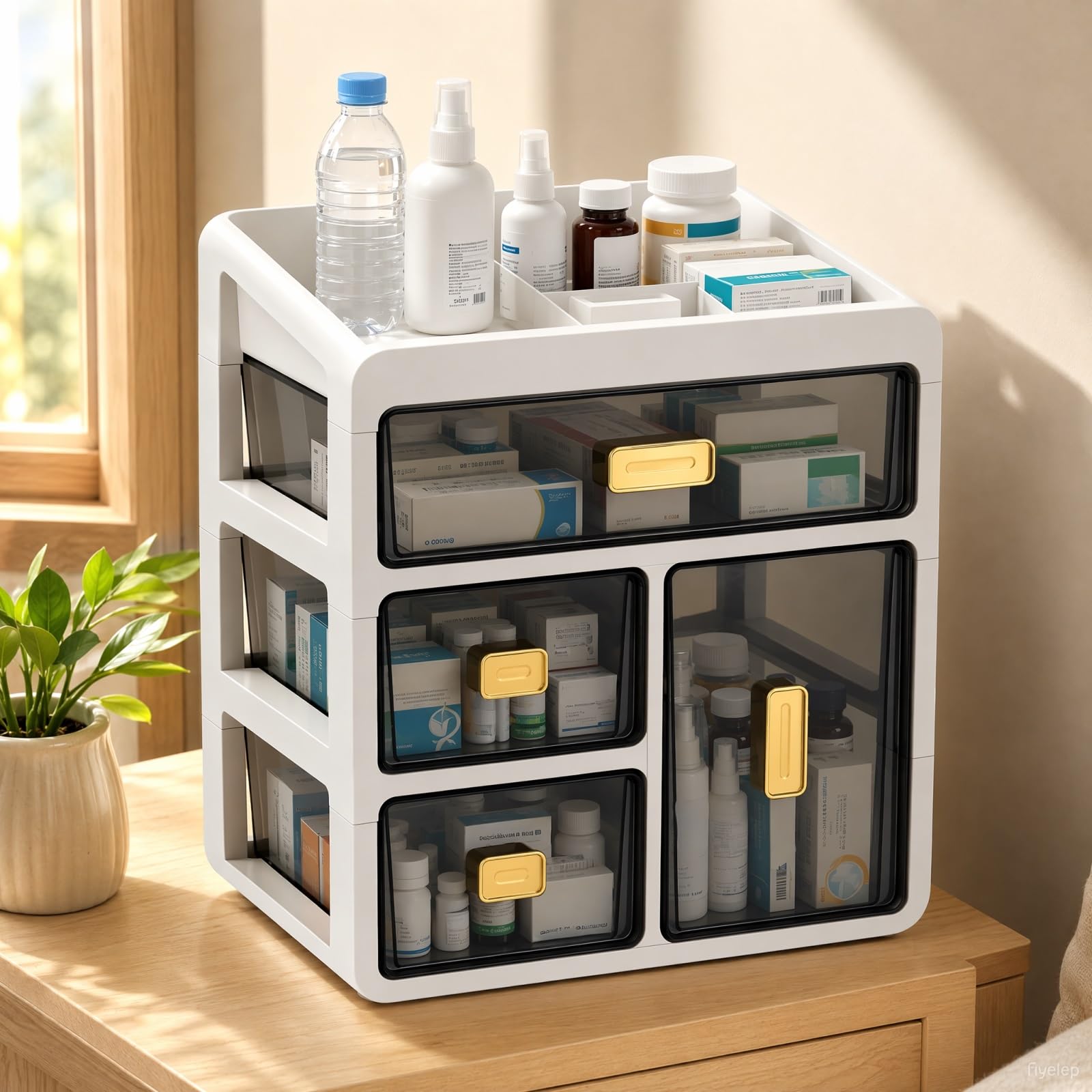 Organizador de armario para medicamentos de 4 niveles, caja de medicamentos con cajones transparentes, armario para botiquín doméstico, gran caja de almacenamiento para medicamentos