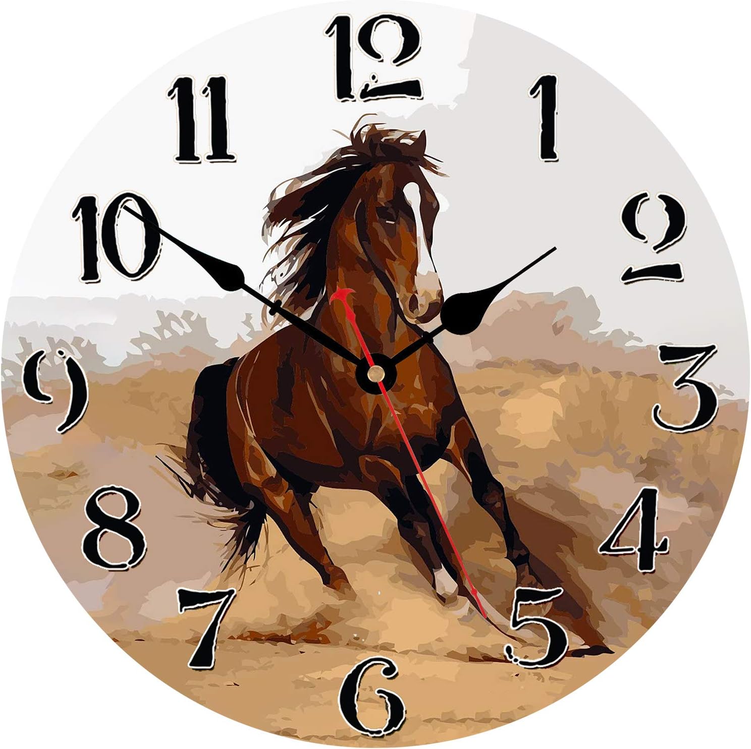 WISKALON Silent Non-Ticking Round Wall Clock 14 Inch Quality Quartz Battery Operated Wall Clock - Running Horses