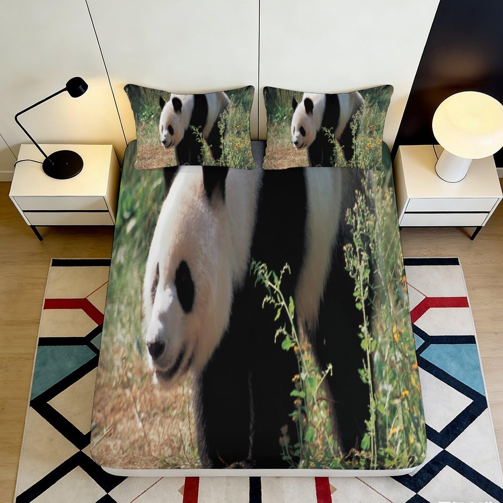 3D Printed Giant Panda Nature Fitted Sheet Microfiber Anti-Slip Bed Cover for Bedroom Dorm Mattress Protection Decor 140x200x25cm