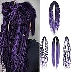 Sangtok Double Ended 3 in 1 Dreadlock Extensions, 24 inch 15pcs Ombre Purple Mixed Dreads Extensions Set DE Dreads with Curly Dreadlocks for White Women