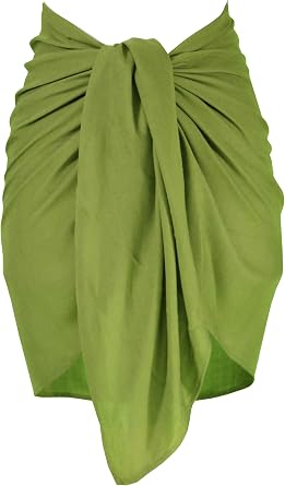 1 World Sarongs Mini Fringeless Solid Color Swimsuit Cover-Up Sarong in Green Light Olive