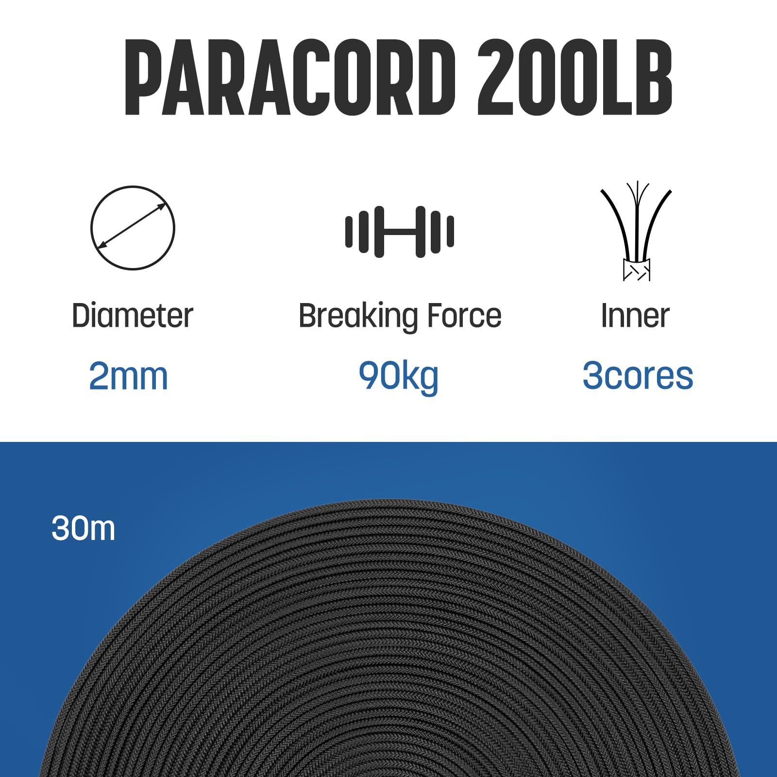 Paracord 2mm 30m 3-żyłowa Lina Typ I Czarny | 100% Nylonowa Linka Sznurek | Nośność 90KG - Idealna do DIY, Rzemieślnicze, Zewnątrz, Kemping