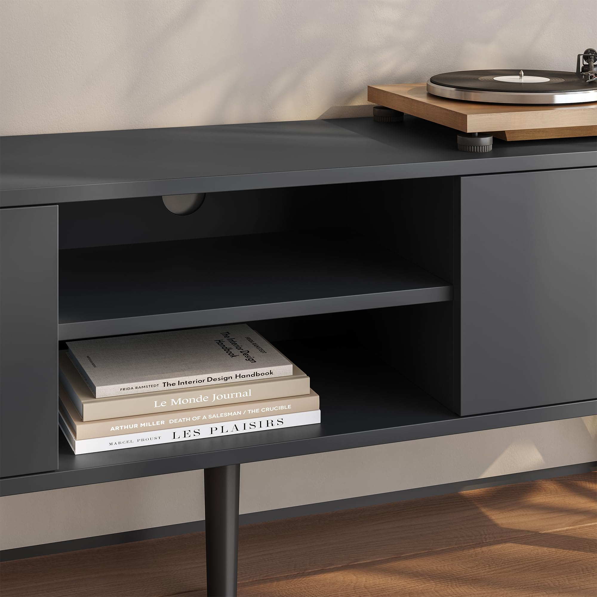 [en.casa] Mesa de Tele Eskilstuna 120 x 29,5 x 46,5 cm Soporte de Televisión Cómoda Mueble de salón para TV 2 Puertas y 2 Estantes Abiertos 5 Patas Almacenamiento Gris Oscuro y Negro