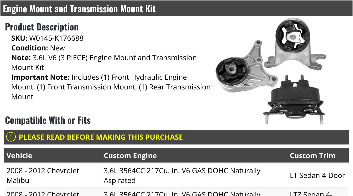 3.6L V6 Engine & Transmission Mount Kit - 3 Pc - Compatible with 2008-2012 Chevy Malibu