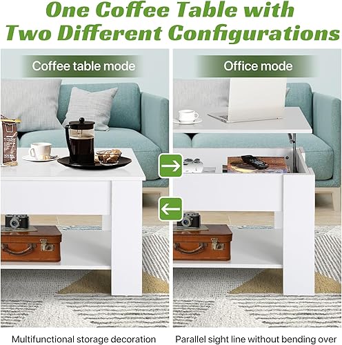 Miniatura 4 de Mesa auxiliar elevable, mesa de centro blanca de almacenamiento con compartimento oculto, mesa central de mesa de madera para sala de estar, sala de