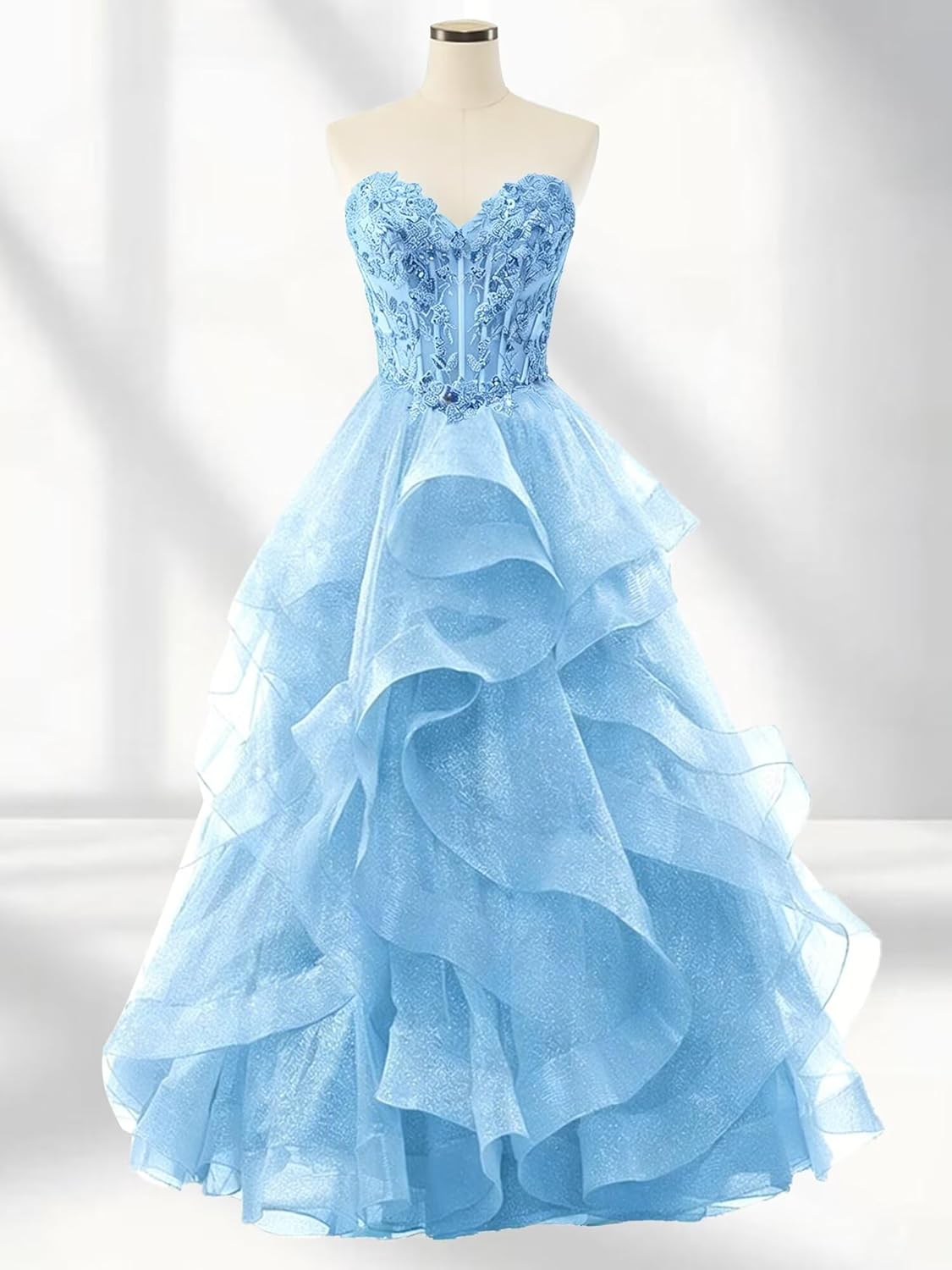 Glitter Tulle Prom Dresses Tiered Strapless Lace Ball Gown Ruffle Long Formal Party Gowns