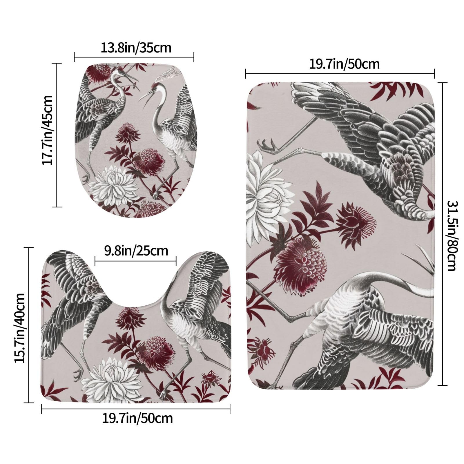 Lot de 3 tapis de bain en flanelle avec motif floral et herbes botaniques - Tapis de bain + tapis contour + housse de siège de toilette - Antidérapant et absorbant