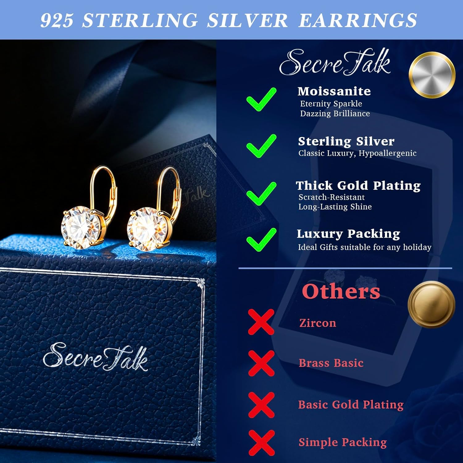 Moissanite Dangle Earrings for Women，2-4CT 18K White Gold Plated 925 Sterling Silver D Color Drop Earring, Jewelry for Wife Her Birthday Wedding
