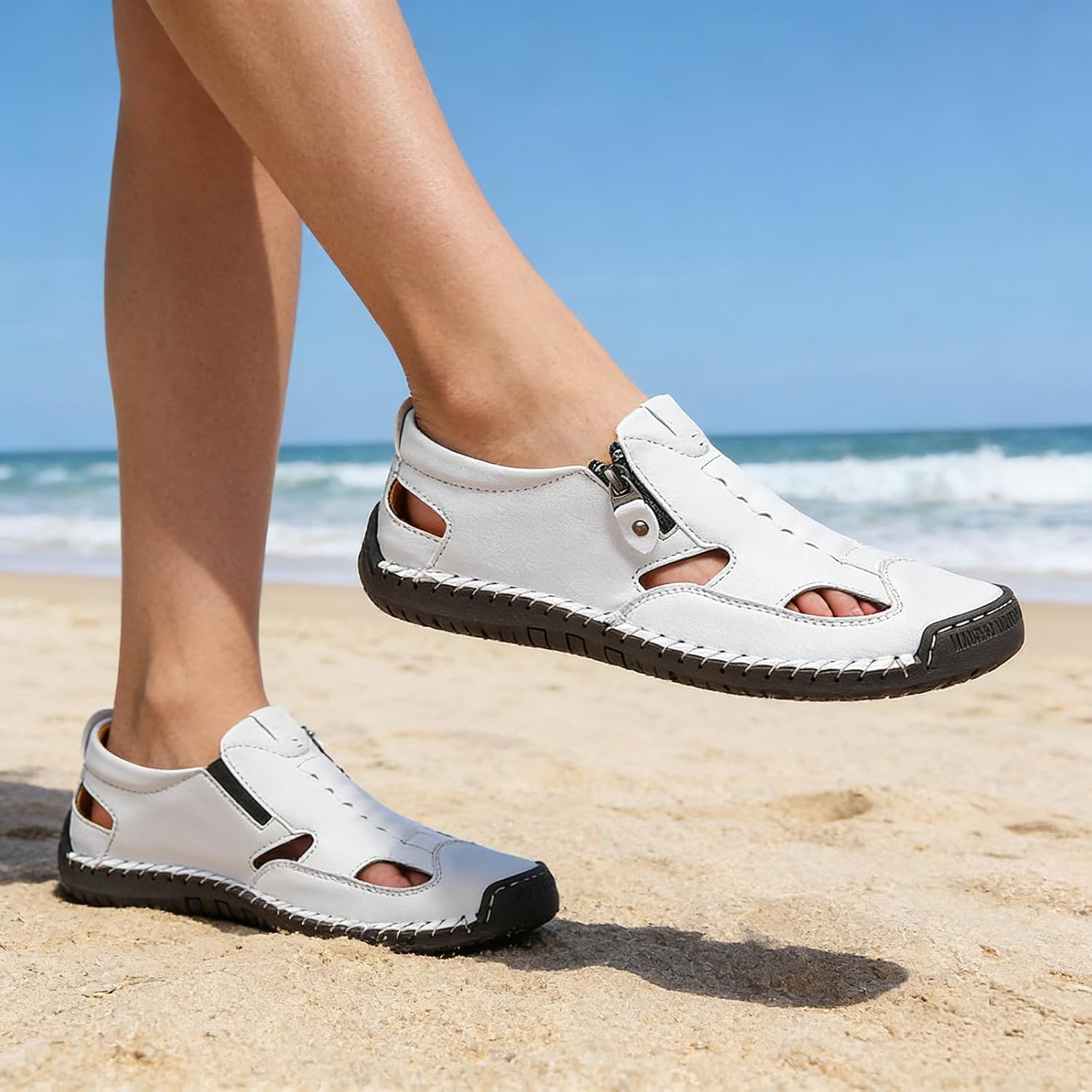 Men's Hollow Closed Toe Fisherman Sandals Fashion Hand Sewn Comfortable Slip-On Breathable Moccasin Flat Loafers Outdoor Sport Hiking Work Casual Beach Shoes