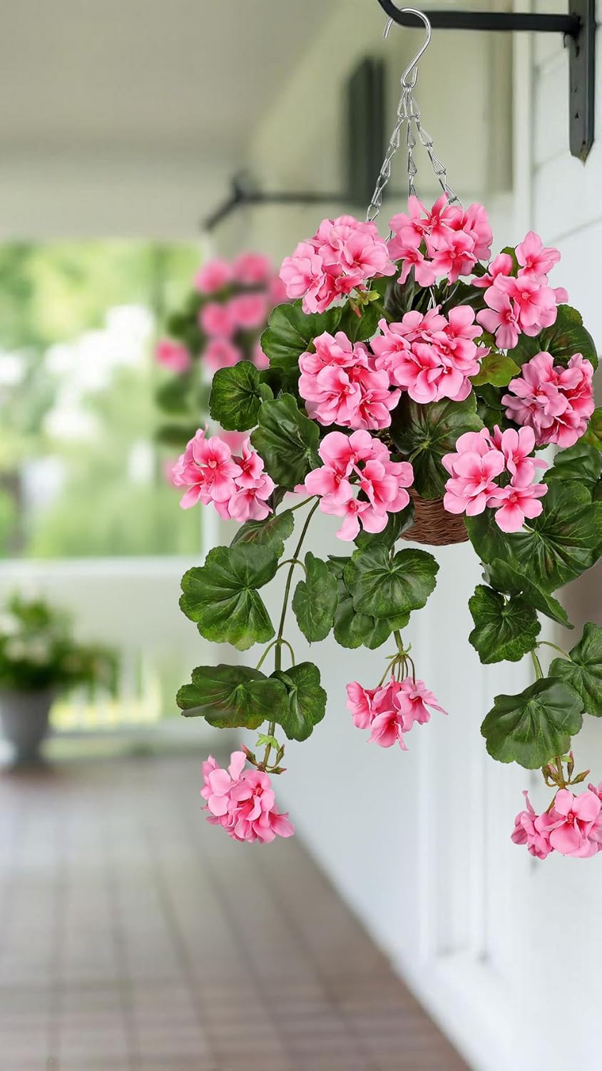 Briful Realistic Geraniums Artificial Hanging Basket for Outdoor, 23.6in Trailing Faux Pink Geranium Flowers in Handwoven Basket, UV Resistant Outdoor & Indoor Decor, Home Farmhouse Patio, Wedding
