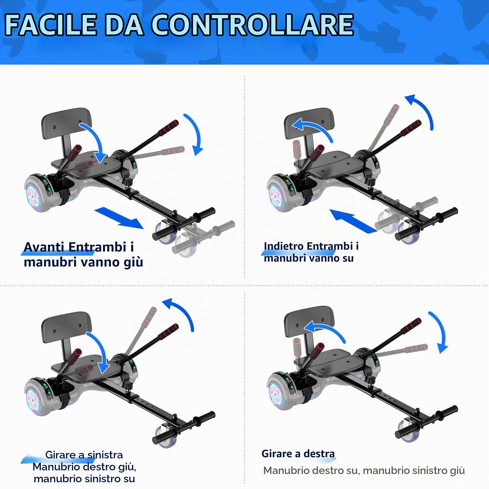 Hoverboard avec siège, Hoverboard à deux roues de 6,5 pouces avec haut-parleur Bluetooth et lumières colorées, scooter auto-équilibrant pour enfants (Go-Kart inclus)
