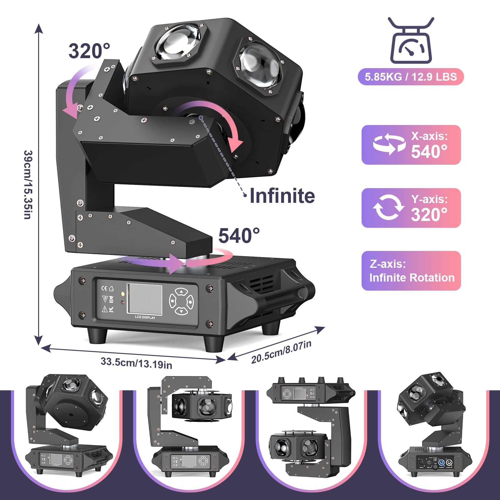 240W Teste Mobili Beam Luci Discoteca LED RGBW 3 assi Luce Rotazione infinita Faretto Moving Head per DJ Discoteca Natale Club Spettacolo Bar Festa Palcoscenico