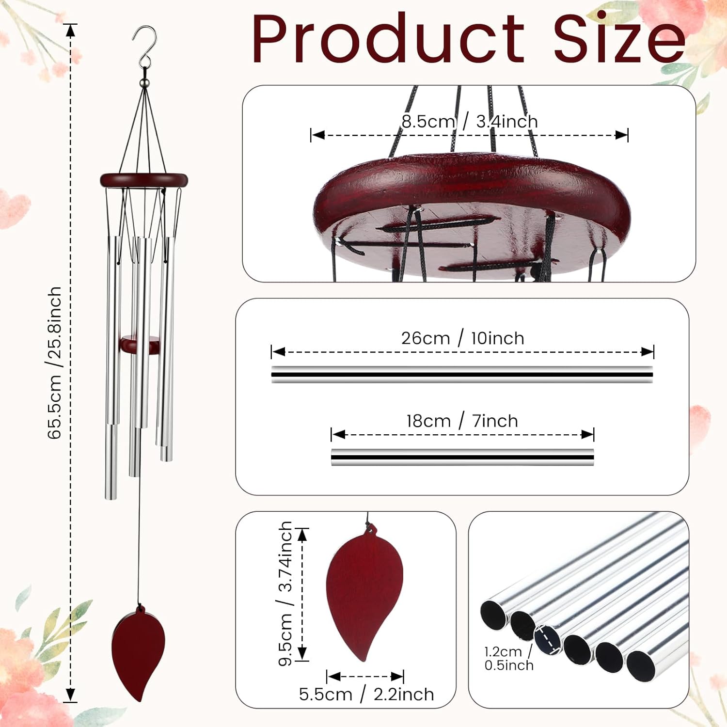 Yahenda 6 Pcs 28 Inch Rustic Wind Chimes for Outside Deep Tone Wind Chimes with 6 Aluminum Tubes Memorial Coolest Windchimes Outdoors for Farmhouse Garden Patio Home Decor (Redwood, Sliver)