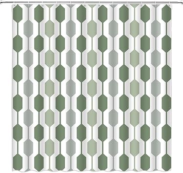 Sage Green Shower Curtain Mid Century Green Geometry Ombre Modern Minimalist Hexagon Trendy Design Fabric Bathroom Decor with Hook,70" WX70 H