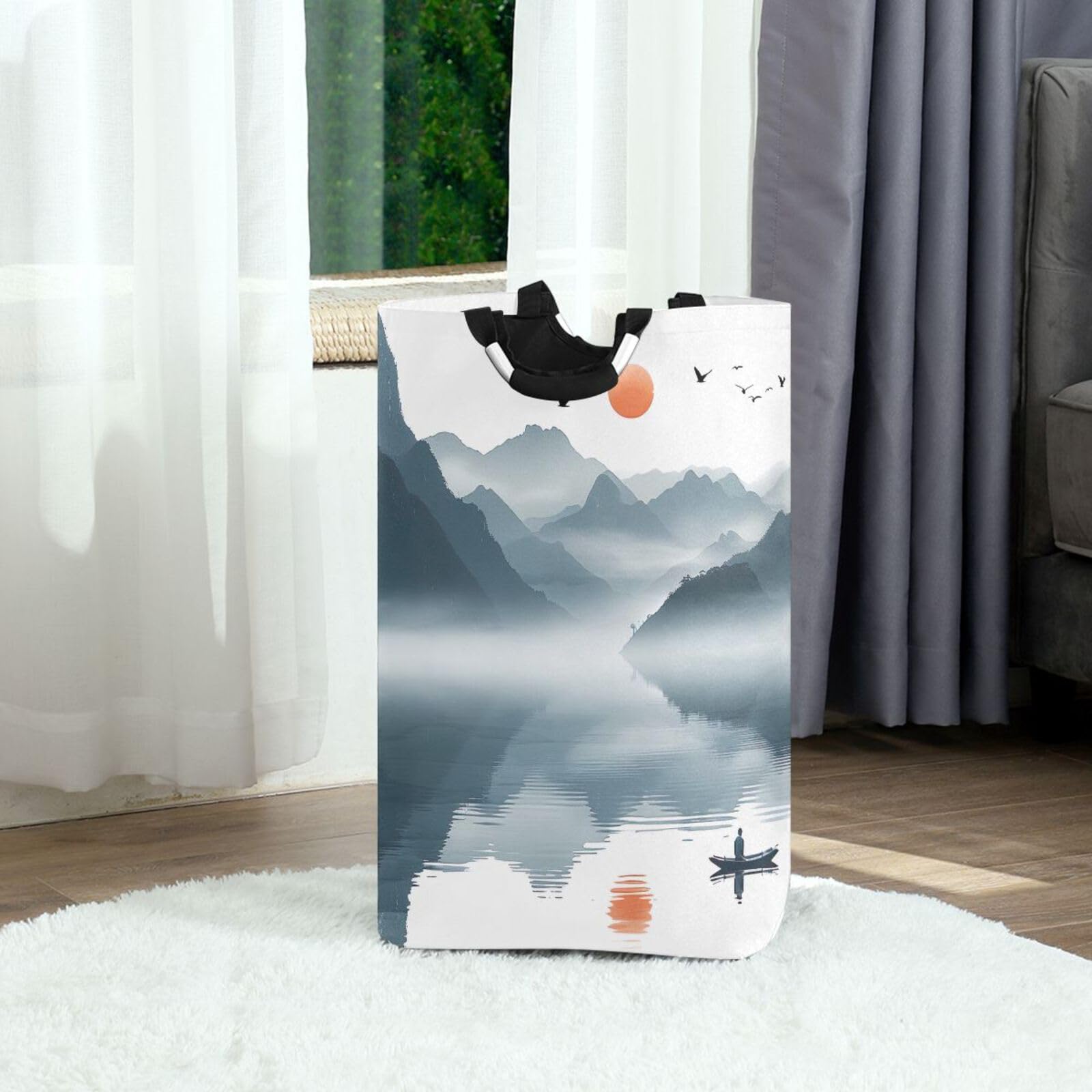 Jihqo Laundry Hamper Basket Ink Mountain Painting Collapsible Nursery Storage Bin Waterproof Clothing Baskets for Home Bedroom Bathroom Washing Room