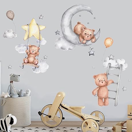 Peel and Stick Wallpaper Nursery Boy: Adorable Cartoon Bear Wall Decals