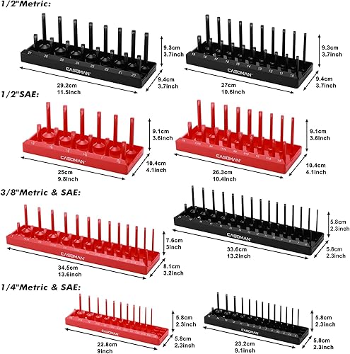 Miniatura 6 de CASOMAN Juego de 8 bandejas organizadoras de llaves métricas y SAE, soporte de enchufe negro y rojo, almacena 90 enchufes poco profundos y 88