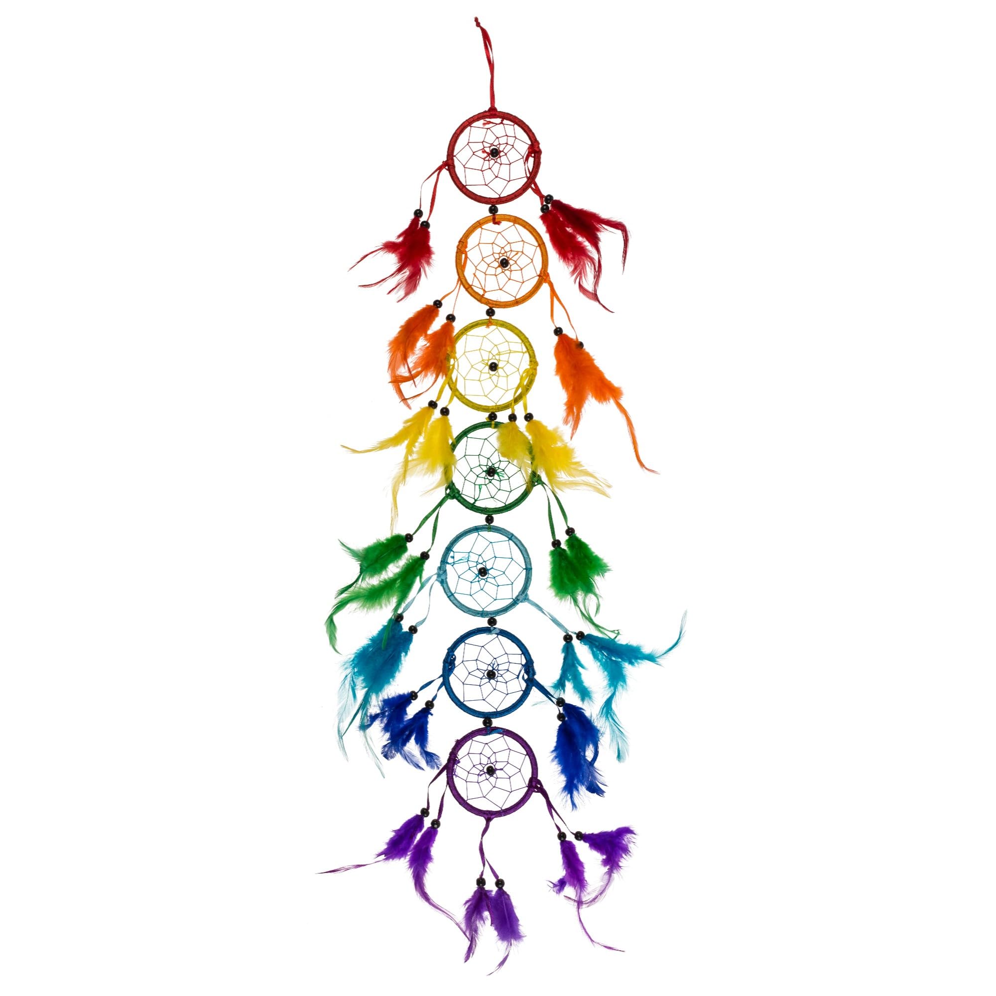 MIJOMA Acchiappasogni colorato con piume arcobaleno, decorazione bohémien colorata per bei sogni, lunghezza circa 65 cm