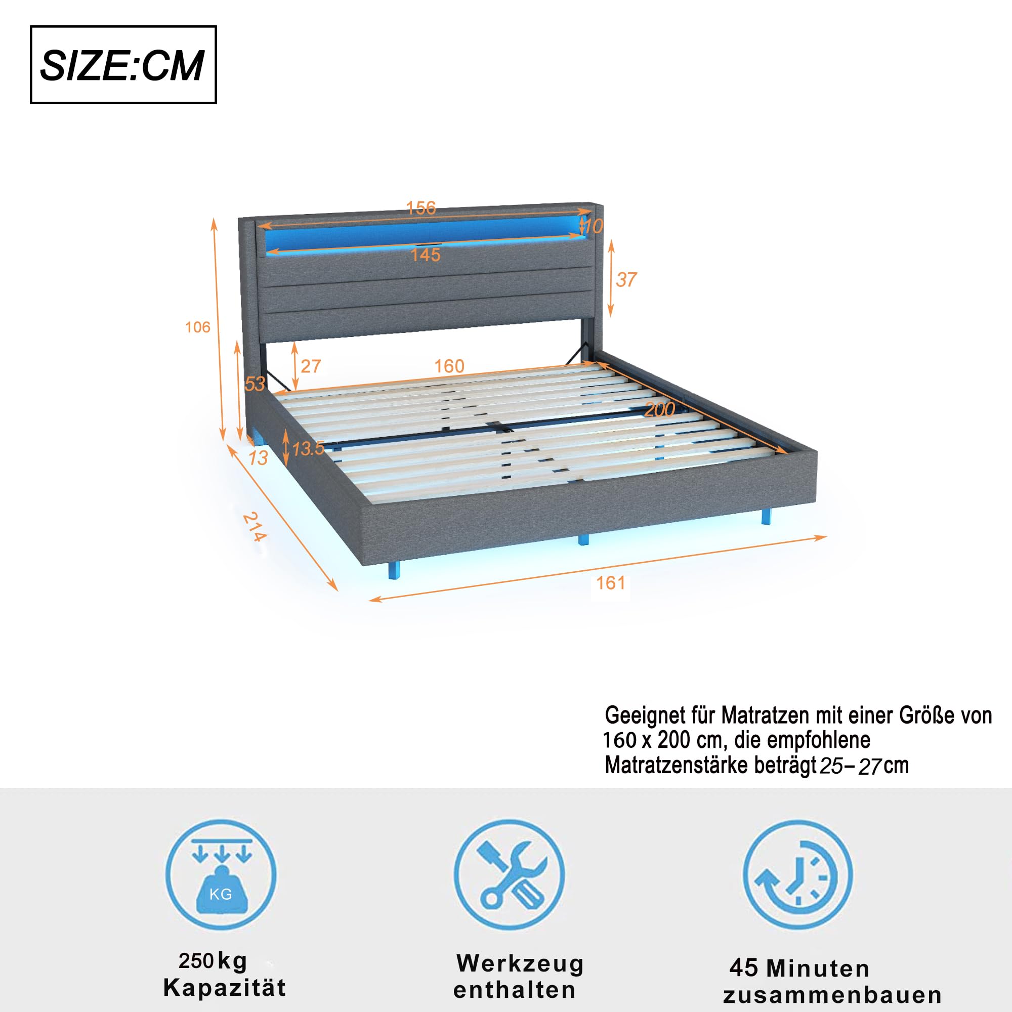 KEYIDE Letto imbottito 160x200 cm con illuminazione LED e ricarica USB, letto matrimoniale con spazio di archiviazione, testiera e rete a doghe, letto per ragazzi con cassetto, in lino, senza