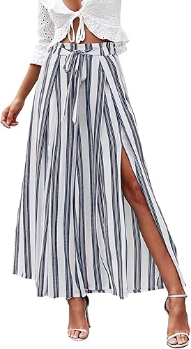 Simplee - Pantalones casuales de pierna ancha para mujer, cintura alta, palazzo, fluidos, pantalones de playa para verano, estilo bohemio, con