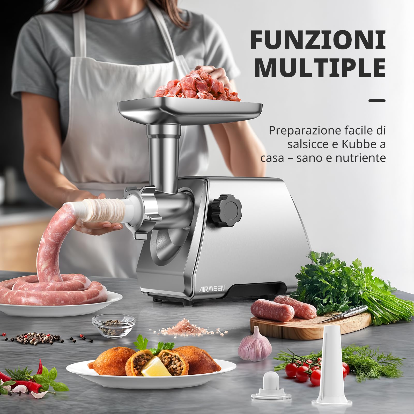 AIRMSEN Tritacarne Elettrico Professionale 2 Lame Acciaio Inox 3 Griglie & Accessori Salsicce Kubbe Motore Silenzioso Pulizia Facile Ideale per Casa (Piccolo) (M)