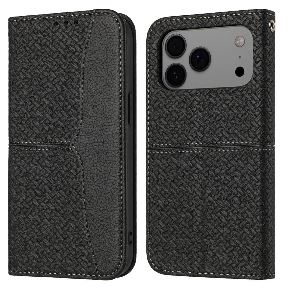 Étui iPhone 16e noir housse à rabat en cuir magnétique avec motif
