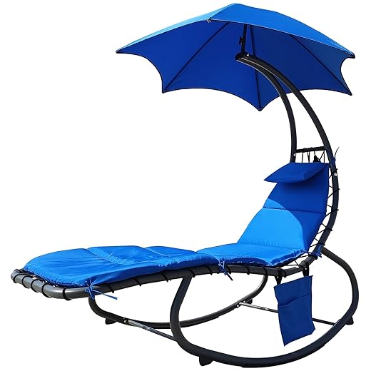 BalanceFrom Hanging Rocking Curved Chaise Lounge Chair Swing with Cushion, Pillow, Canopy, Stand and Storage Pouch, 330-Pound Capacity, Rocking Chair, Blue