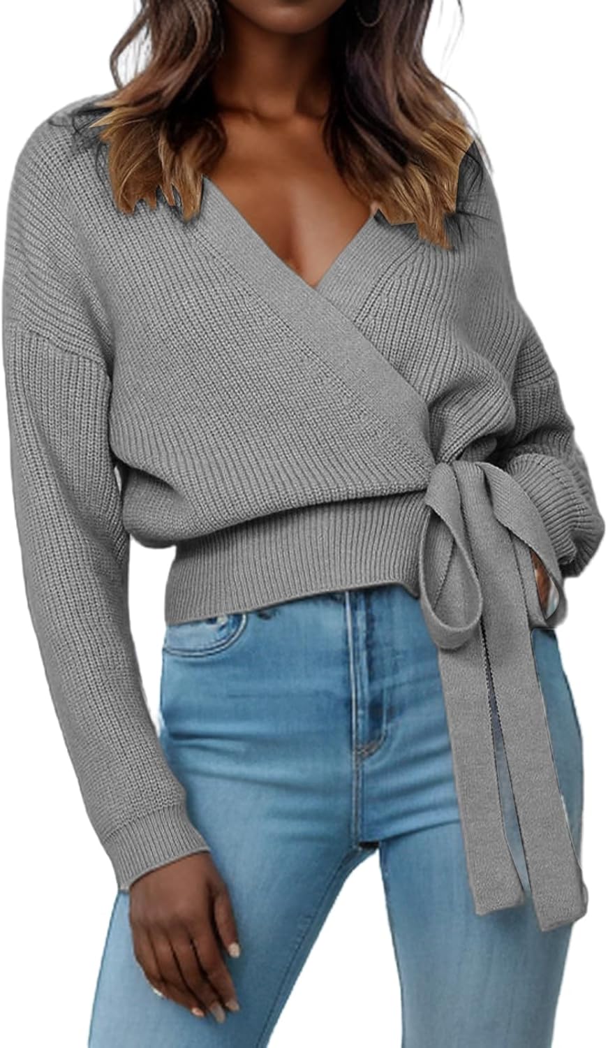 Womens Fall Sweaters 2026 Womens Casual V Neck Wrap Sweater Pullovers Lightweight Ribbed Drop Shoulder Knitted Warm Cozy Tops