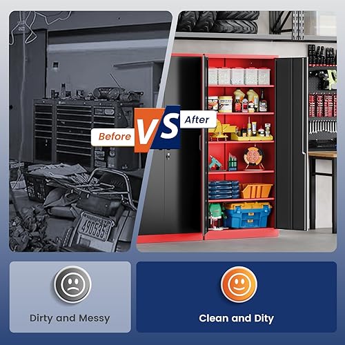 Miniatura 8 de Yizosh Armario de almacenamiento de metal para garaje con 2 puertas y 5 estantes ajustables, gabinete de archivo de acero con cerradura de 71