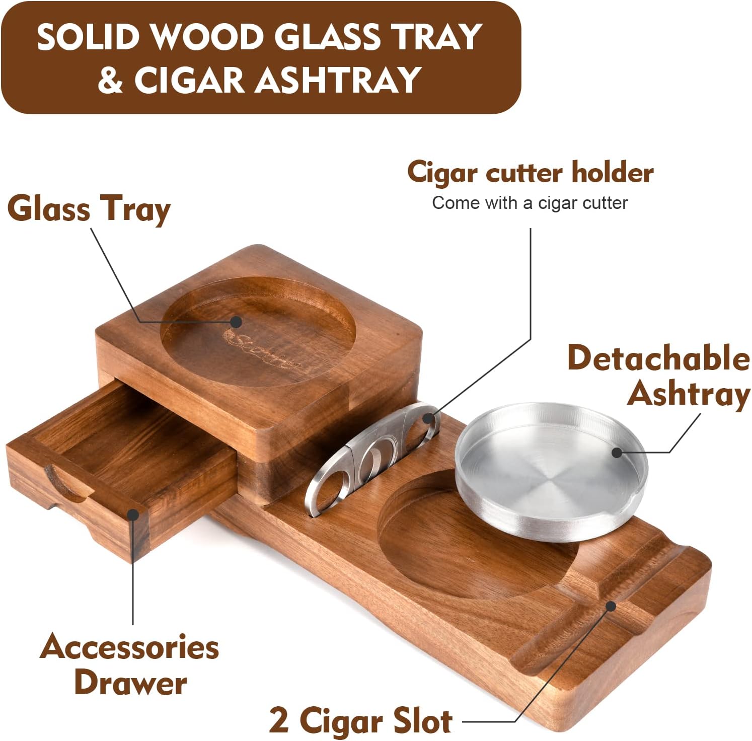 Scotte Ashtray Coaster Whiskey Glass Tray & Wooden Ash Tray with Cigar Cutter,Include Drawer and Cigar Slot Home Office Outdoor Great Cigar Accessories for Men