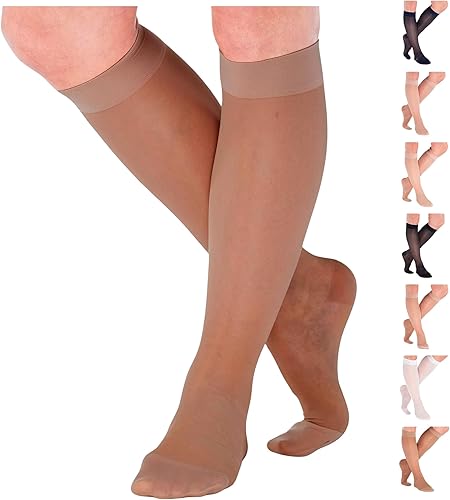 ABSOLUTE SUPPORT Hecho en EE. UU. - Medias de compresión graduada opacas de soporte transparente para rodilla para mujeres 15-20mmHg | Para Beige