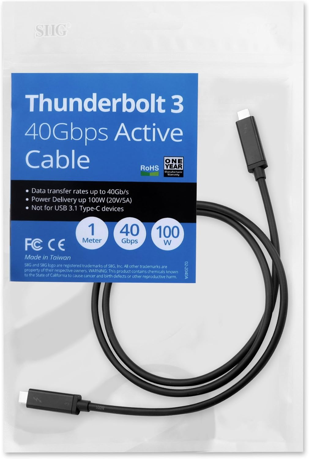 SIIG Thunderbolt 3 Certified, 40Gbps Thunderbolt 3 Active Cable 1M - 100W Charging/5A/20V - Daisy Chain up to 6 Devices - USB Type C with Thunderbolt Logo Compatible - 3.3 Ft