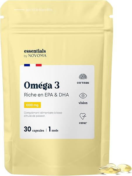 Omega 3 Huile de Poisson 1000mg, Pure et Concentrée, Oméga 3 EPA DHA, Santé du Coeur & Vision, Cure de 1 mois, Fabriqué en France, Essentials by Novoma - 1