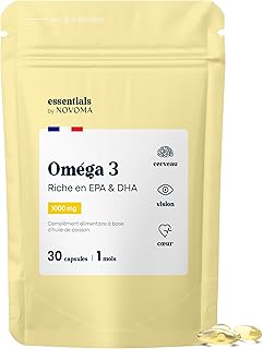 Visuel du produit : Omega 3 Huile de Poisson 1000mg, Pure et Concentrée, Oméga 3 EPA DHA, Santé du Coeur & Vision, Cure de 1 mois, Fabriqué en France, Essentials by Novoma