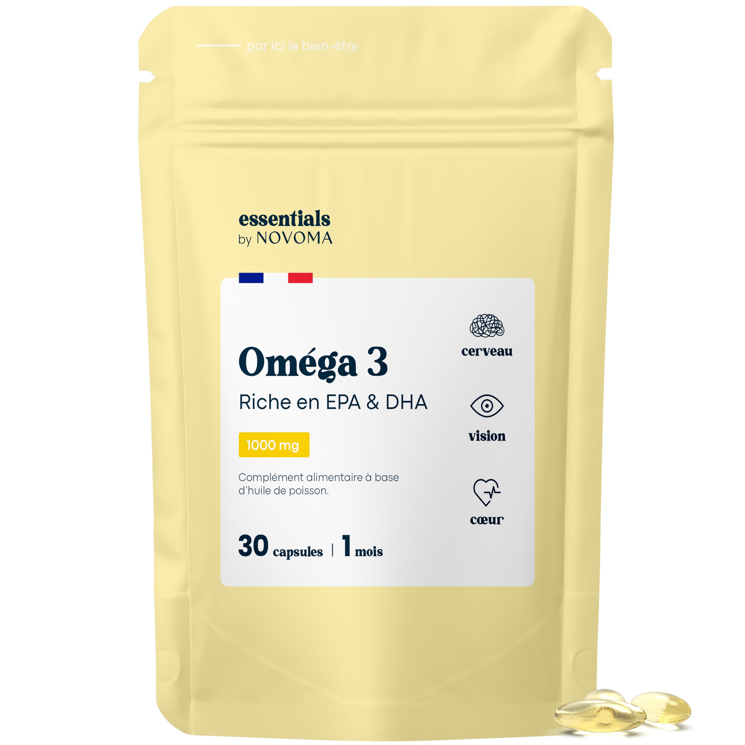 Omega 3 Huile de Poisson 1000mg, Pure et Concentrée, Oméga 3 EPA DHA, Santé du Coeur & Vision, Cure de 1 mois, Fabriqué en France, Essentials by Novoma Oméga 3 - Essentials By Novoma 30 unité (Lot de 1)