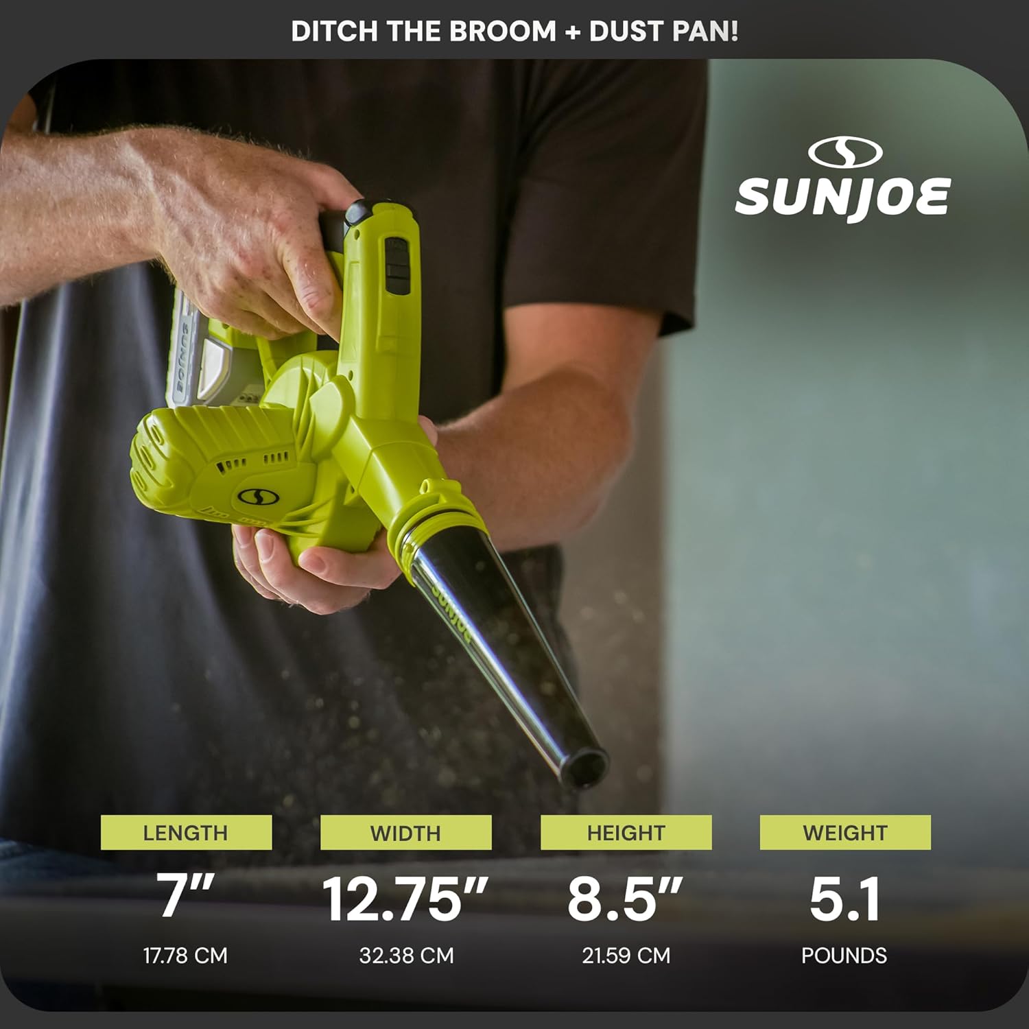 Sun Joe 24V IONMAX Cordless Workshop Blower + Vacuum with dimensions labeled