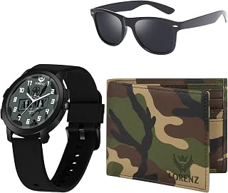 LORENZ Men’s Gift Hamper | Army Printed Wallet, Black Sunglasses & Analog Watch | Stylish Gift Set for Men | Perfect for B... Price In India