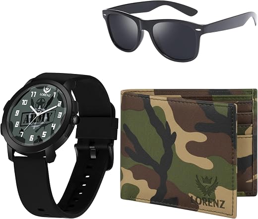 LORENZ Men’s Gift Hamper | Army Printed Wallet, Black Sunglasses & Analog Watch | Stylish Gift Set for Men | Perfect for B...