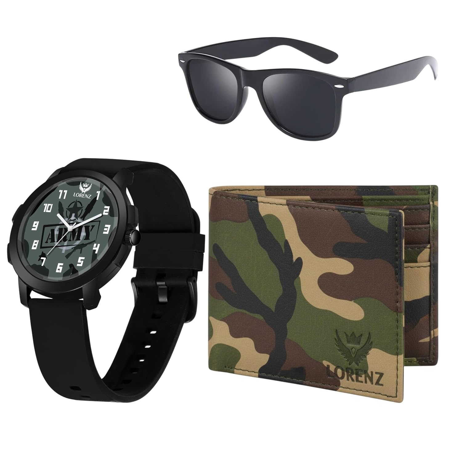 LORENZ Men’s Gift Hamper | Army Printed Wallet, Black Sunglasses & Analog Watch | Stylish Gift Set for Men | Perfect for B...