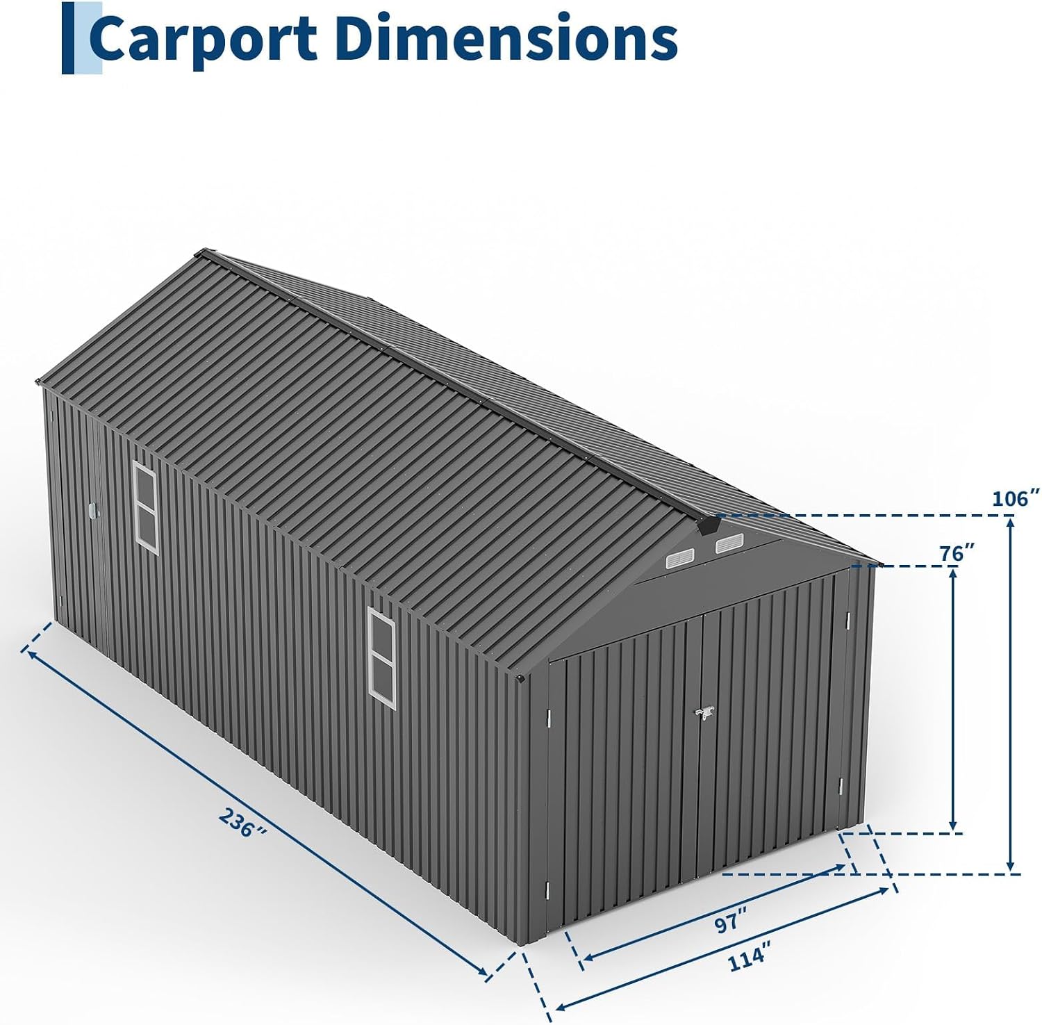 10x20 FT Metal Garage Shed, Outdoor Extra Large Storage Shed with Double Hinged Doors, 4 Windows, Heavy Duty Carport for Cars, Boats, Trucks and Equipment Storage, Gray