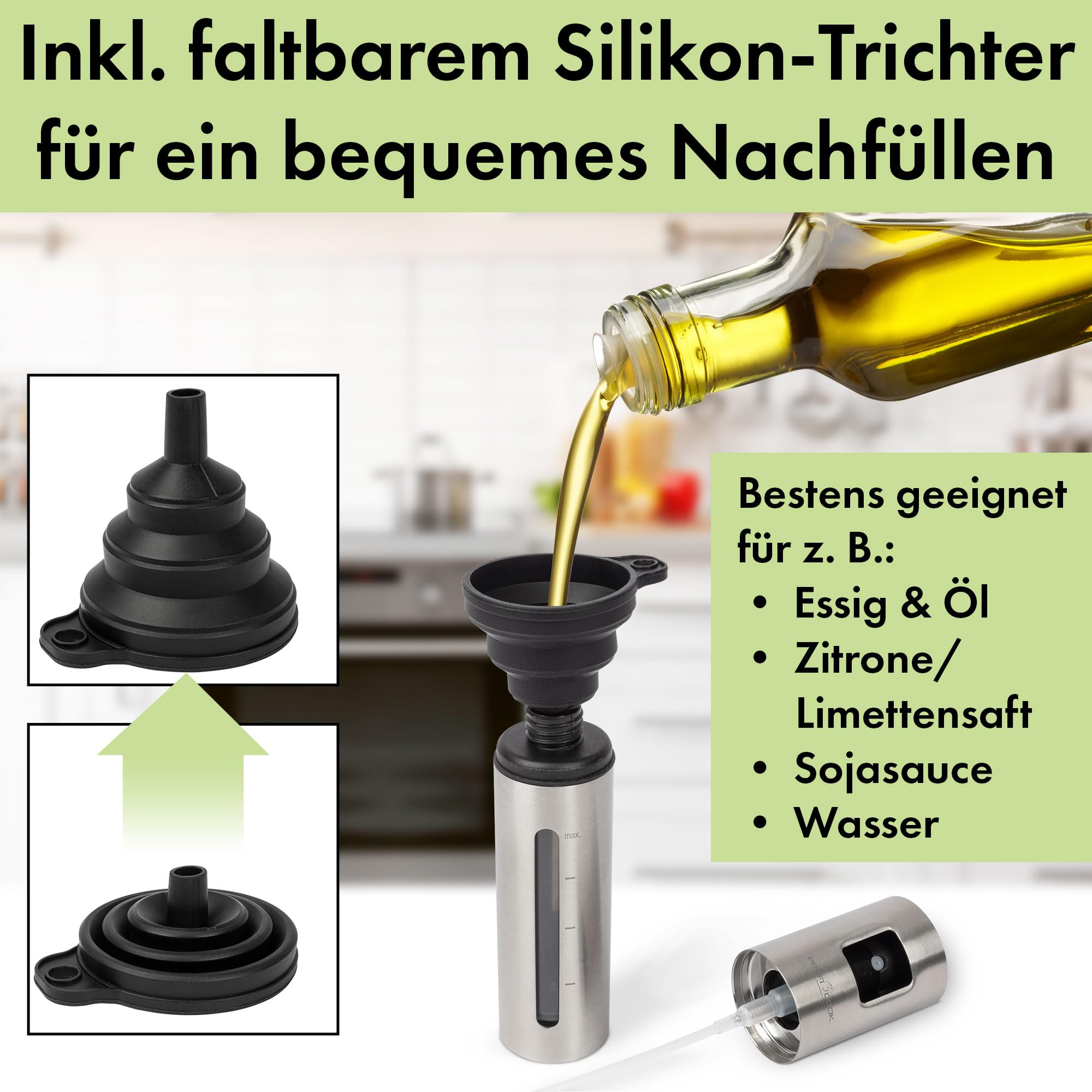Profi Cook Ölsprüher,2er Set,100ml Ölspray,Sprühflasche für Öl, Essig, Wasser uvm,Öl Sprühflasche,für_Kochen Küche Fitness & Diät,mit Skalierung,für Speiseöl, PC-EOS 1270,175 x 40 mm (Packung mit 10)
