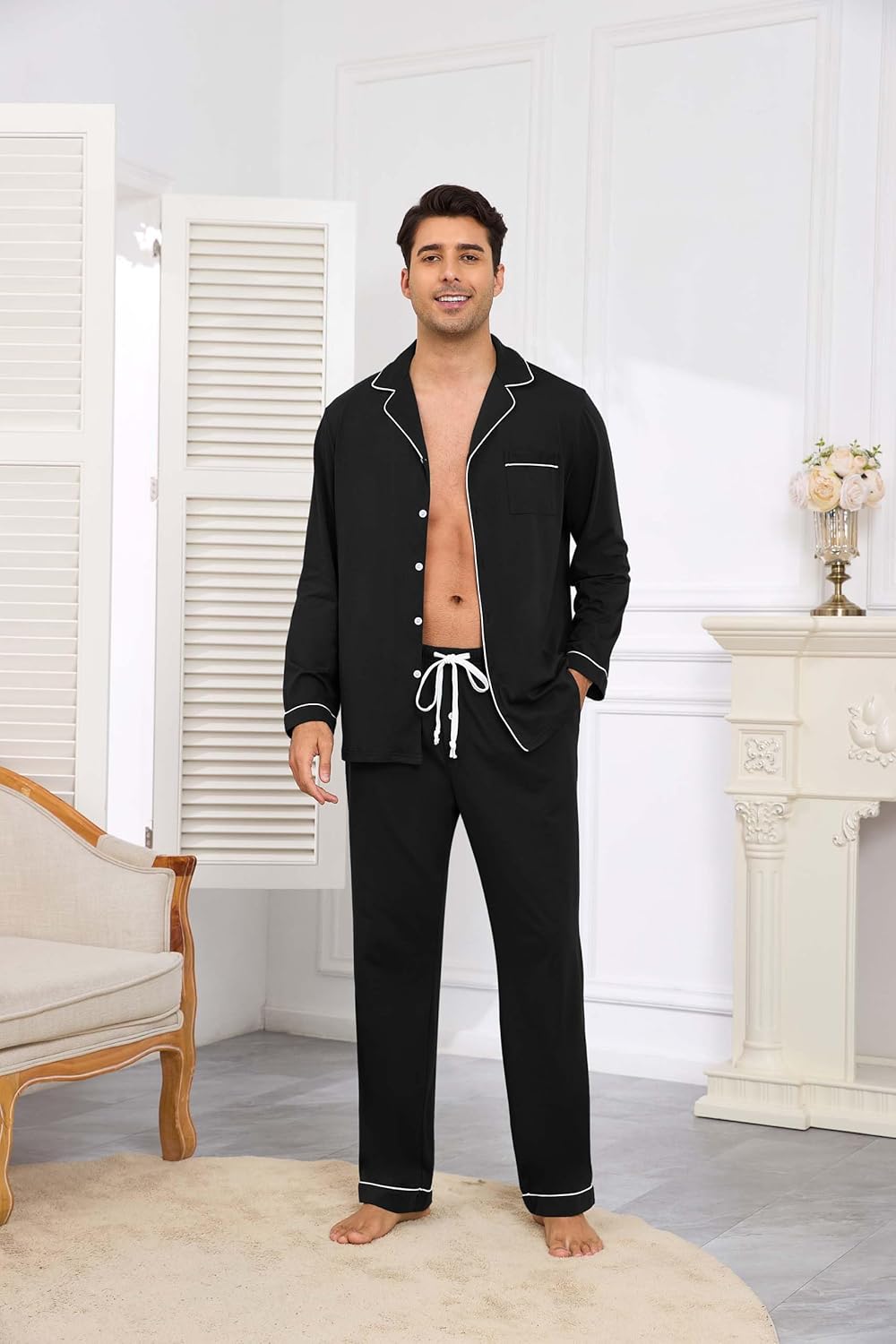 Veseacky Mens 100% Cotton Pajamas Set Long Sleeve Sleepwear Button Down Pjs Loungewear with Pockets - Image 5